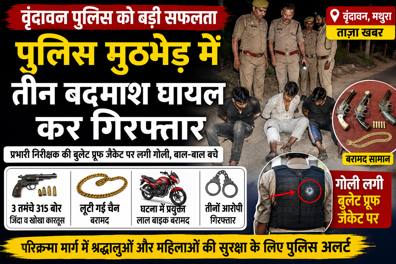 Vrindavan Police Encounter: तीन शातिर चैन स्नैचर घायल गिरफ्तार, लूटी गई चैन और हथियार बरामद