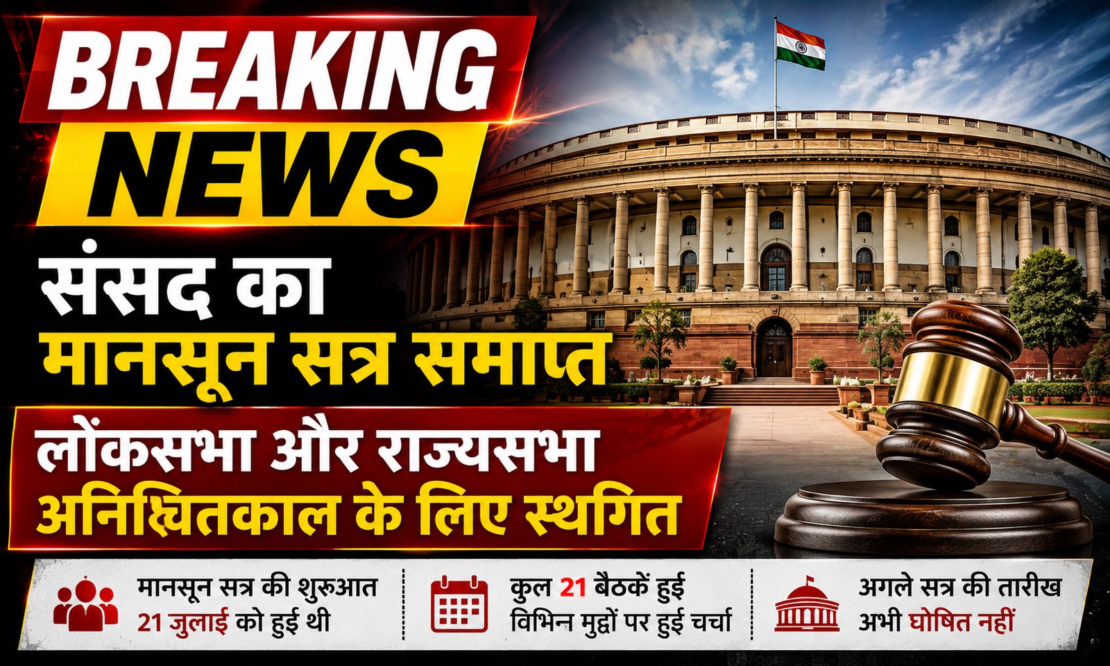 संसद का मानसून सत्र समाप्त, लोकसभा और राज्यसभा अनिश्चितकाल के लिए स्थगित
