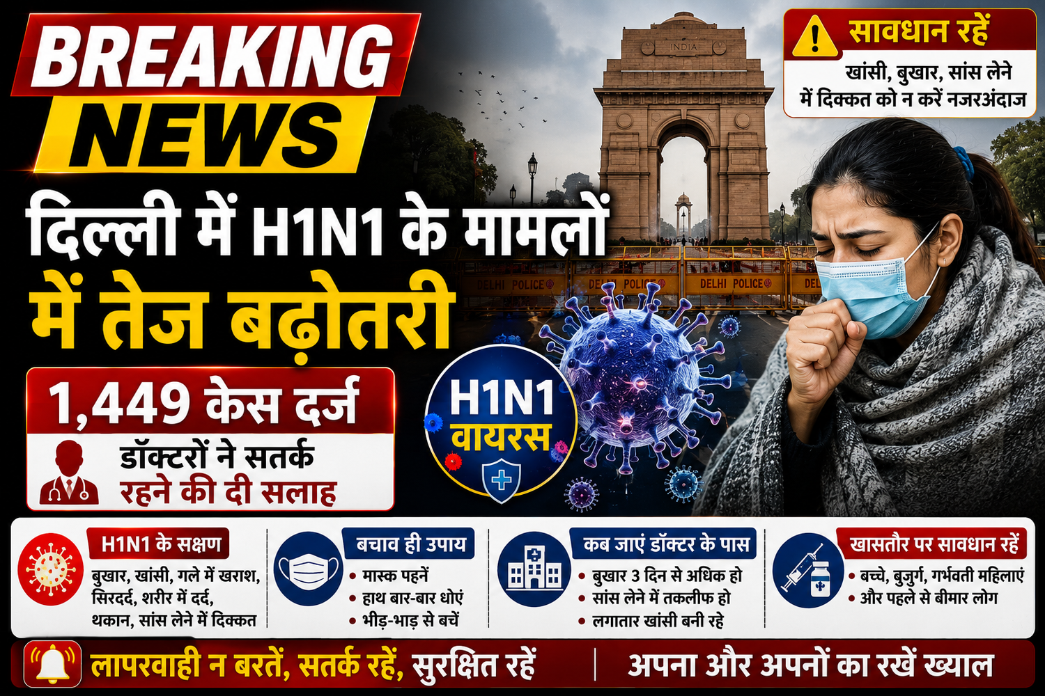 दिल्ली में H1N1 के मामलों में तेज बढ़ोतरी, 1,449 केस दर्ज; डॉक्टरों ने सतर्क रहने की दी सलाह